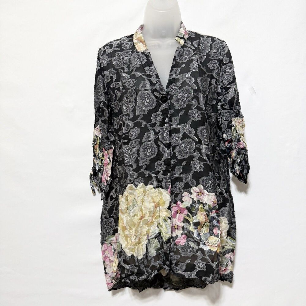 Citron Santa Monica S Silk Rayon Black Floral Burnout 3/4 Sleeve Tunic Top
